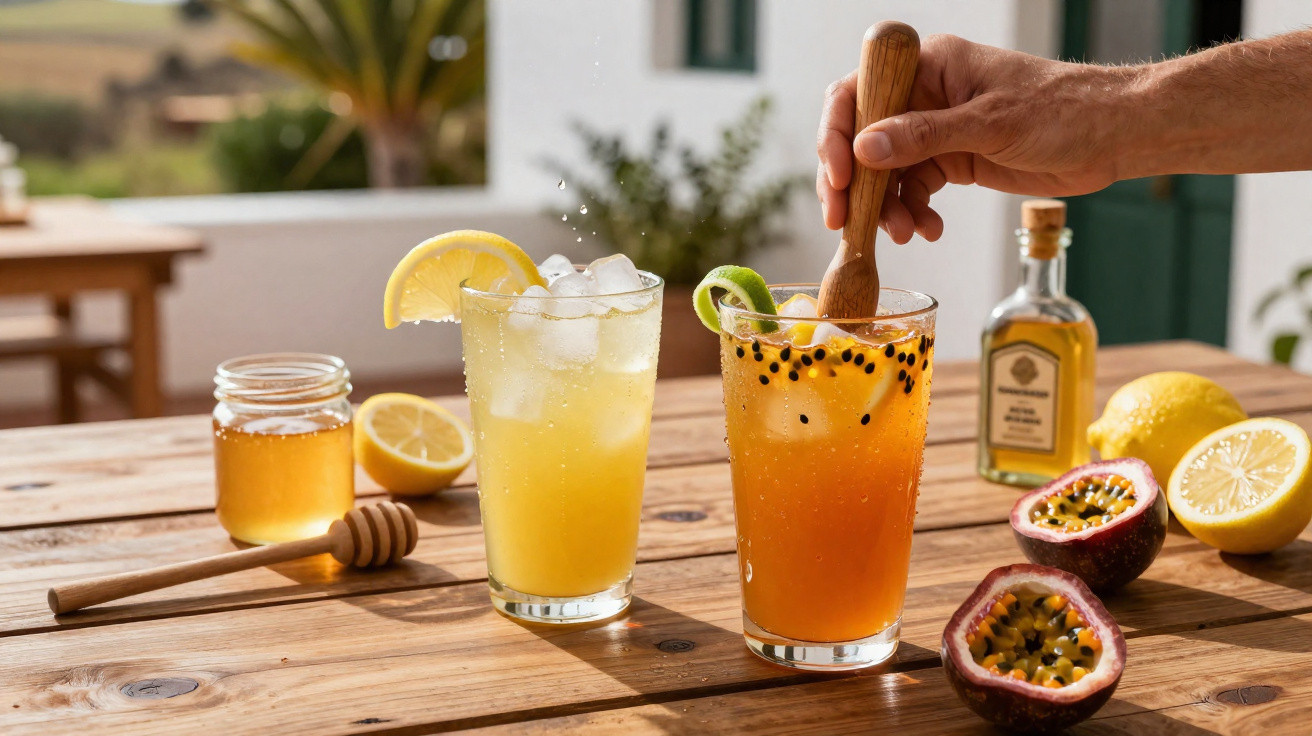 Duas bebidas refrescantes com lima, maracujá, mel e limão numa mesa de madeira ao ar livre.