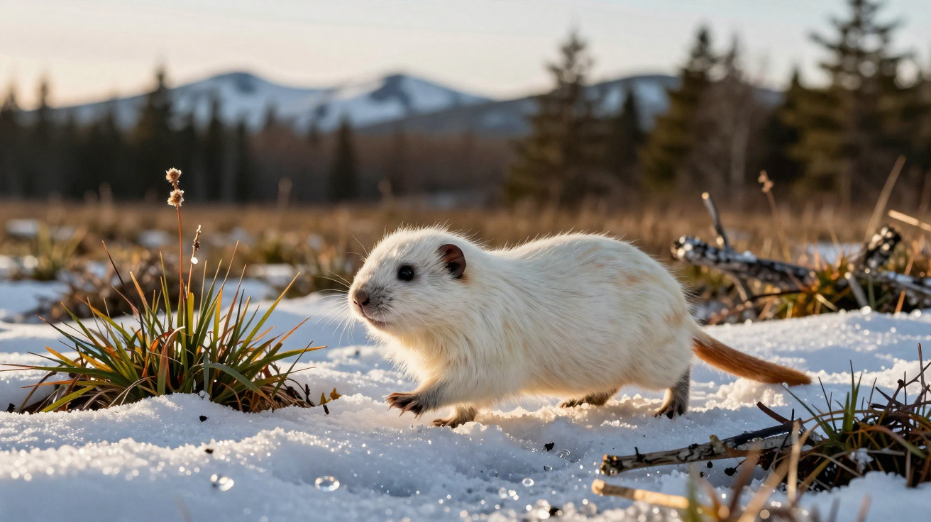 Pequeno animal branco a caminhar na neve com montanhas e árvores ao fundo sob luz do sol ao entardecer.