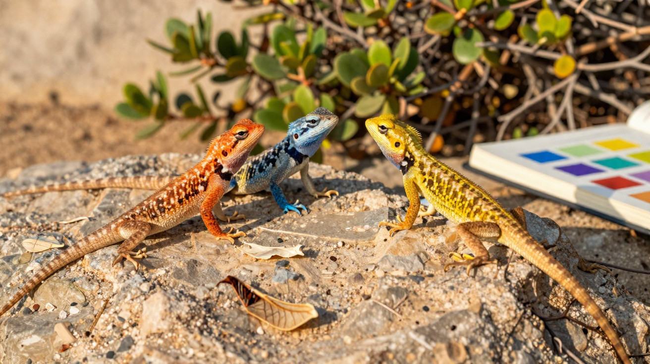 Três lagartos coloridos, laranja, azul e amarelo, sobre uma rocha em ambiente natural com vegetação ao fundo.