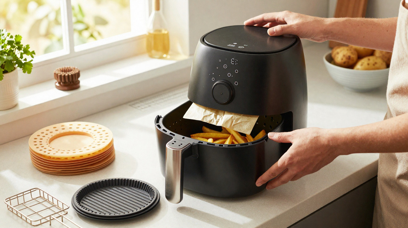 Pessoa a retirar batatas fritas de uma fritadeira elétrica preta numa bancada de cozinha iluminada.