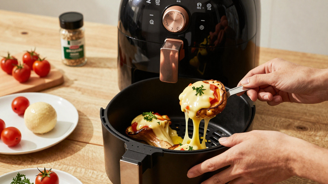 Mão a retirar mini pizzas com queijo derretido e cheiro verde de uma fritadeira elétrica preta.