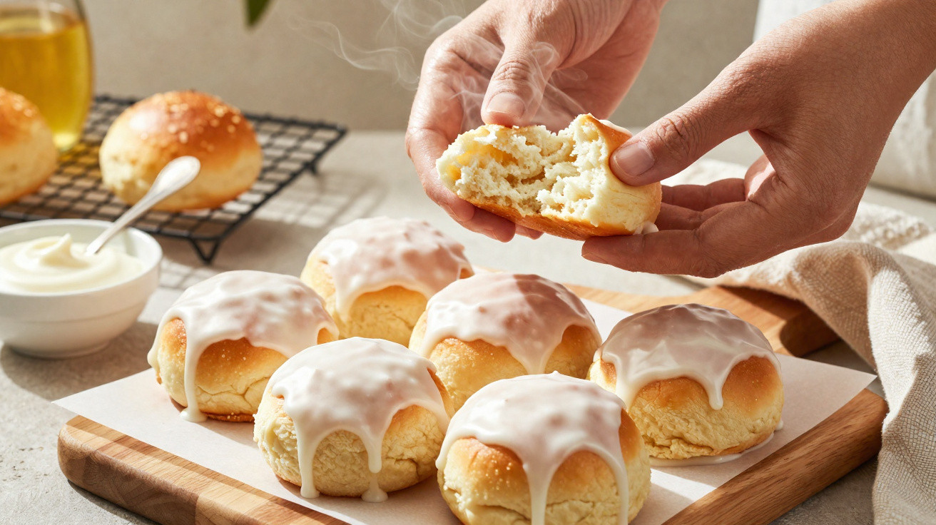 Pães doces cobertos com glacê branco, um partido ao meio por mãos, em tábua de madeira.