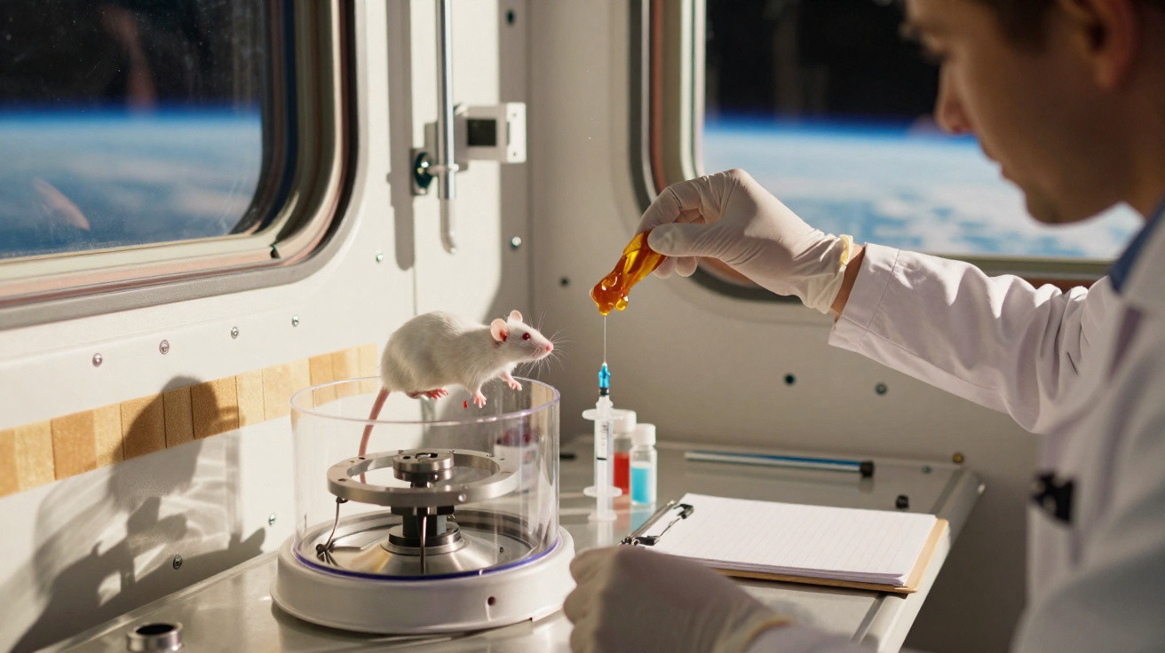 Cientista em laboratório espacial alimenta rato branco com pipeta dentro de cápsula de vidro.