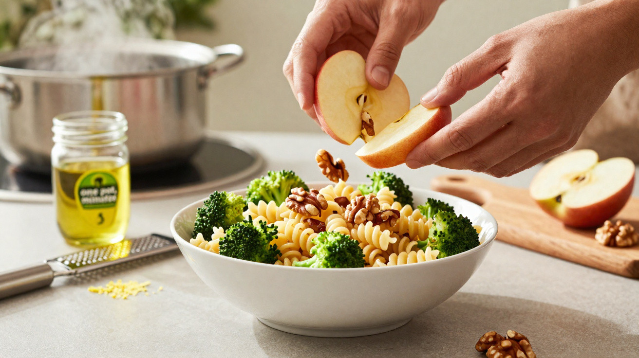 Mãos a adicionar maçã fatiada a prato com massa fusilli, brócolos e nozes sobre bancada de cozinha.