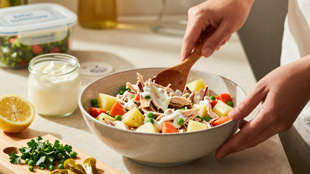 Mãos a temperar salada de frutas, ervilhas e legumes com molho branco numa tigela cinza.