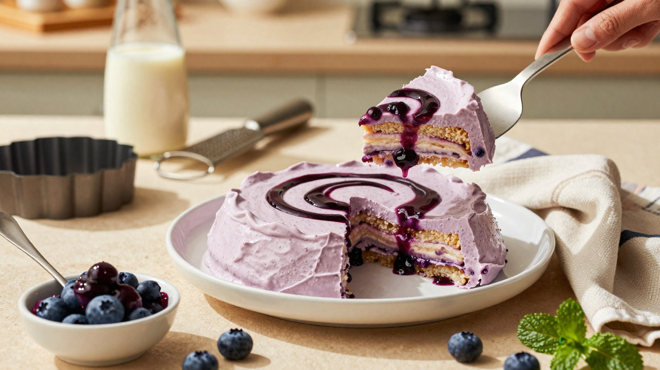 Bolo de camadas com cobertura e recheio de creme roxo e calda de mirtilos sendo servido em prato branco.