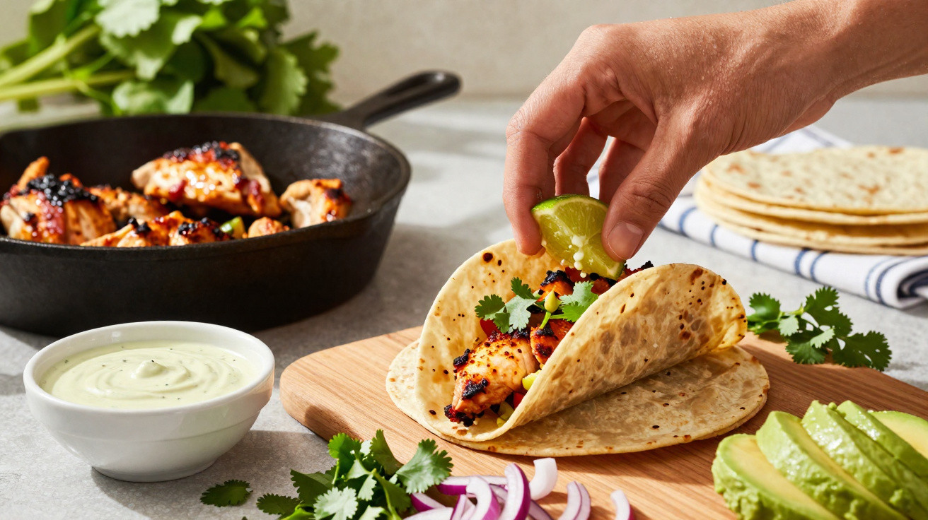 Taco com frango grelhado, coentros, coentro, limão a ser espremido, molho verde, cebola e abacate.