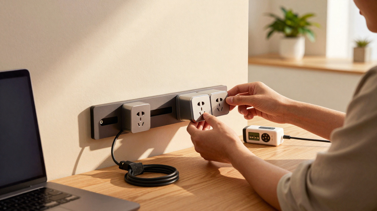 Pessoa a ligar ou desligar uma ficha eléctrica modular numa régua de tomadas junto a um computador portátil.