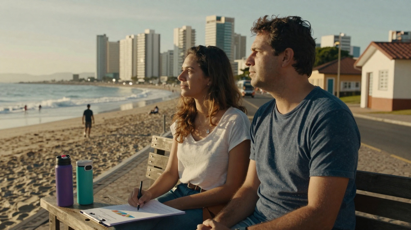 Casal sentado num banco à beira da praia durante o fim da tarde, com edifícios ao fundo e material de trabalho.