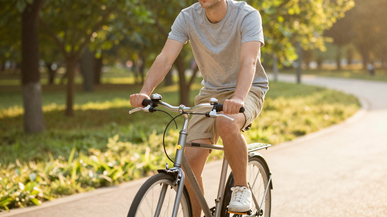 Homem a andar de bicicleta num parque com árvores e caminho ao fundo ao entardecer.