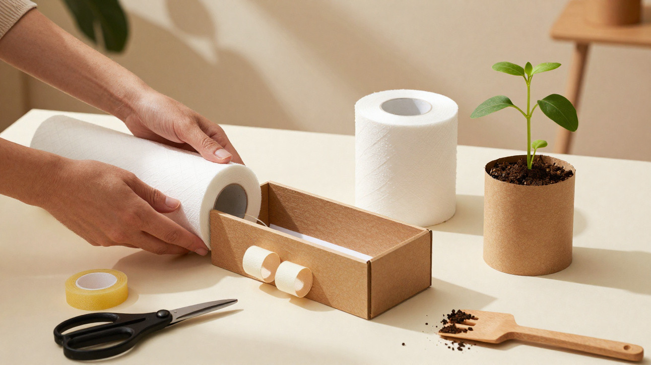 Mãos a preparar um rolo de papel para colocar numa caixa de cartão, com vasos e materiais de escritório à volta.