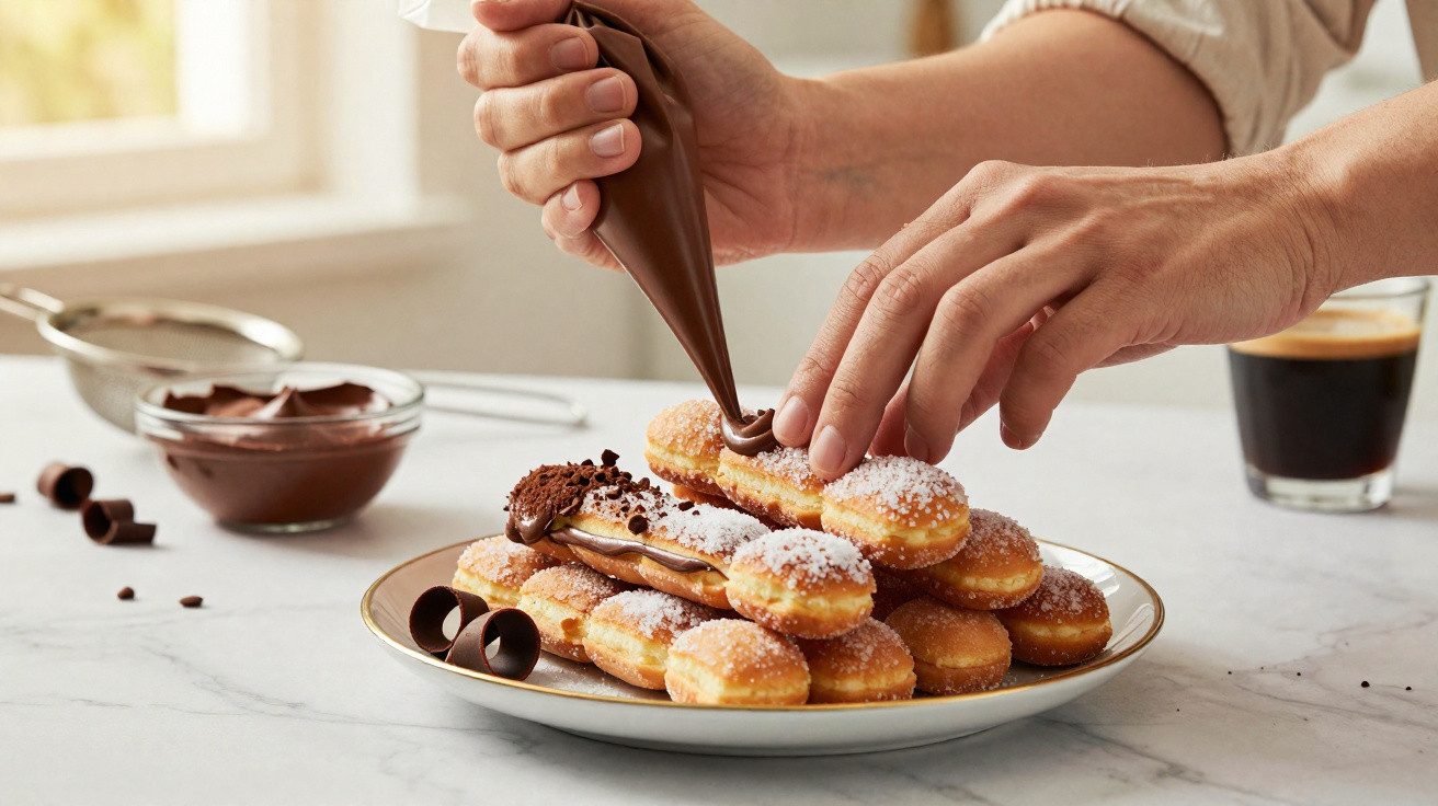 Pessoa a decorar mini donuts com creme de chocolate numa prato branco sobre uma mesa branca.