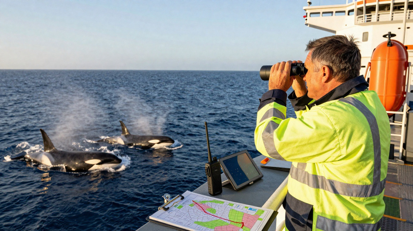 Homem com colete refletor observa com binóculos três orcas a nadar ao lado de um barco no mar aberto.