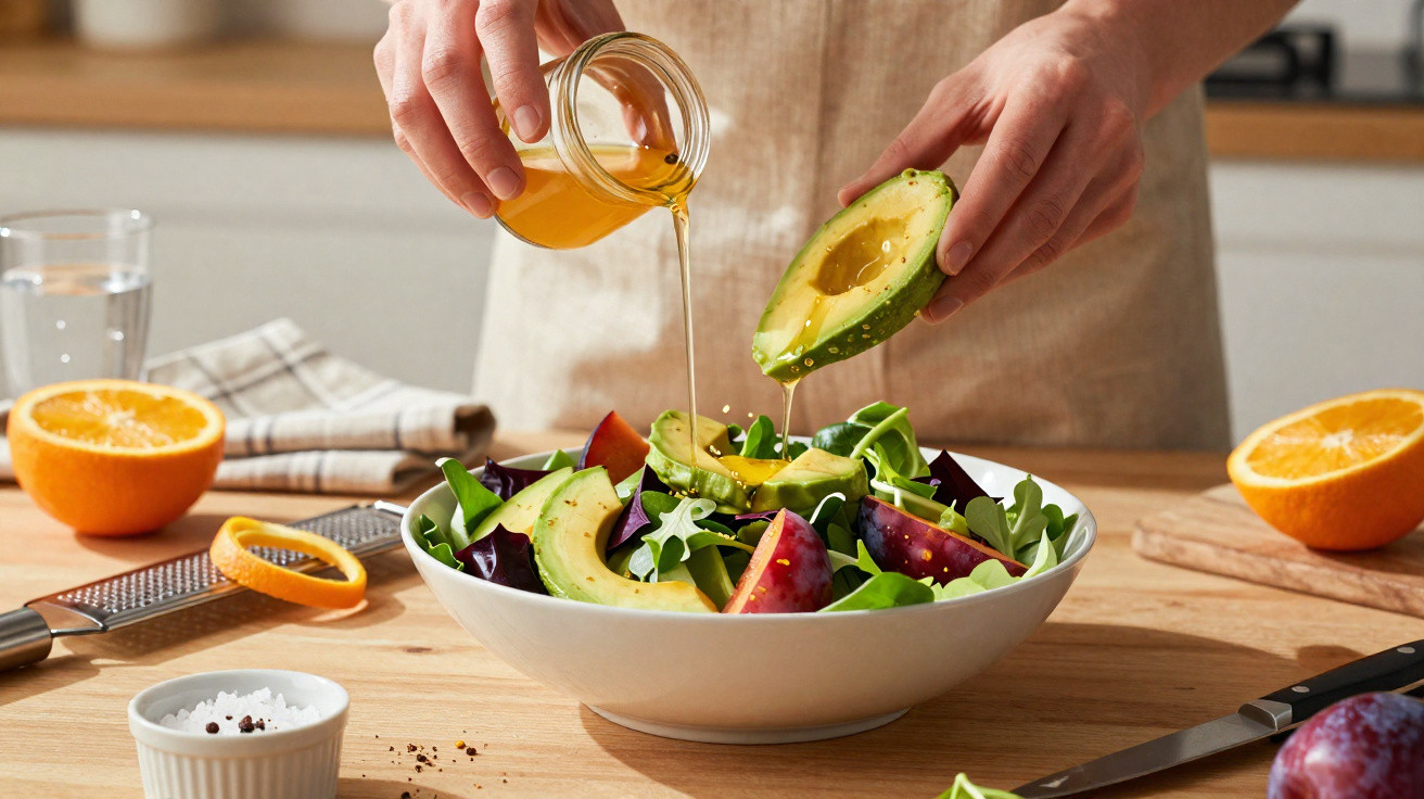 Pessoas a preparar salada com abacate, folhas verdes, maçã e a regar com molho numa tigela branca.