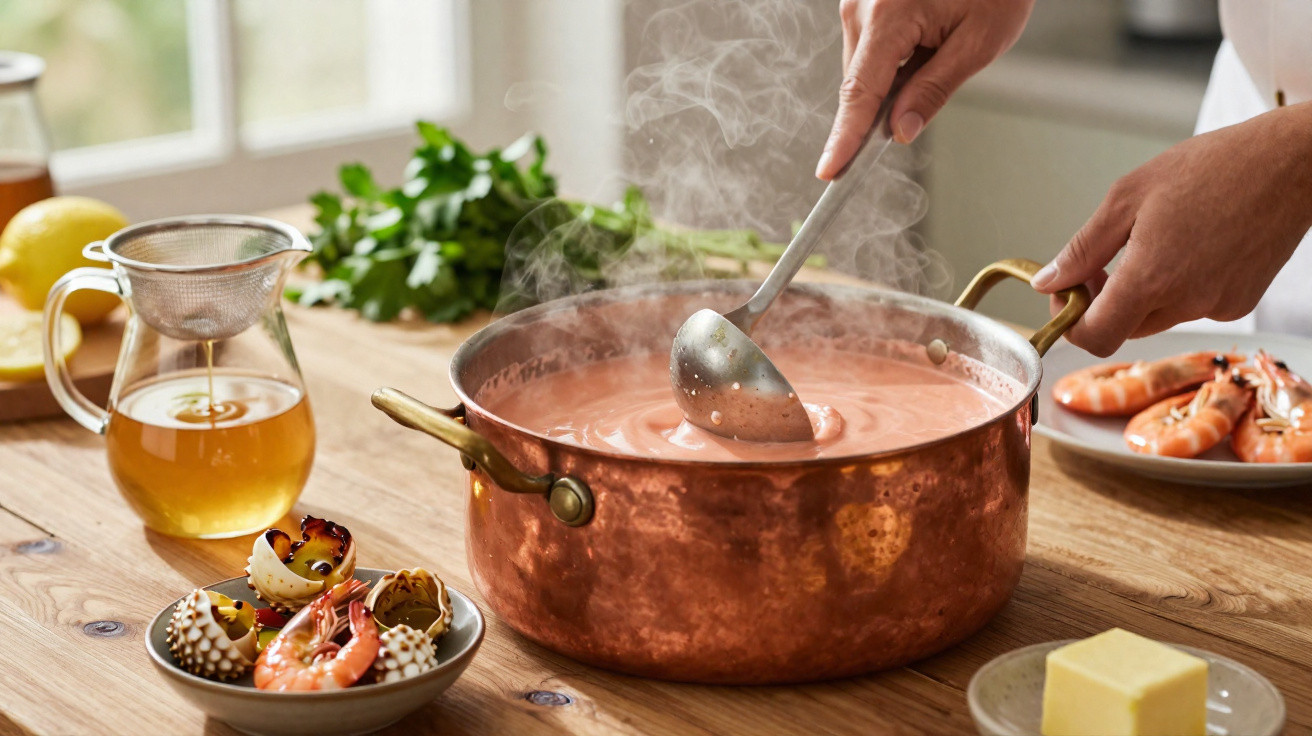 Mãos servindo sopa quente numa panela de cobre, com mariscos e ingredientes frescos numa mesa de madeira.