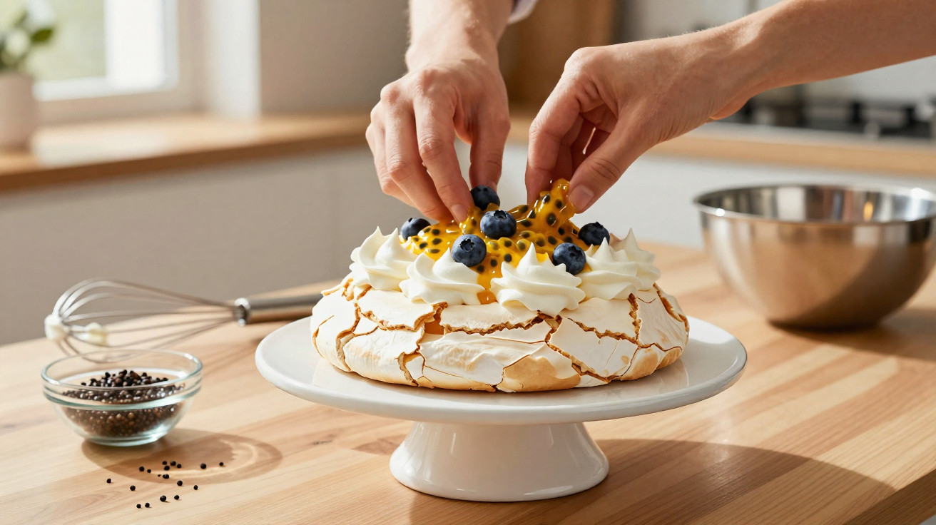 Mãos decoram pavlova com natas, mirtilos e maracujá numa cozinha iluminada e organizada.