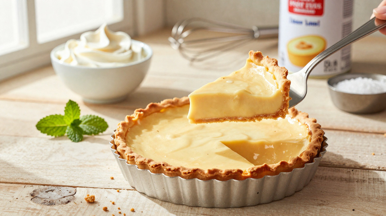 Tarte cremosa de limão com crosta dourada, sendo servida num prato metálico numa mesa de madeira clara.