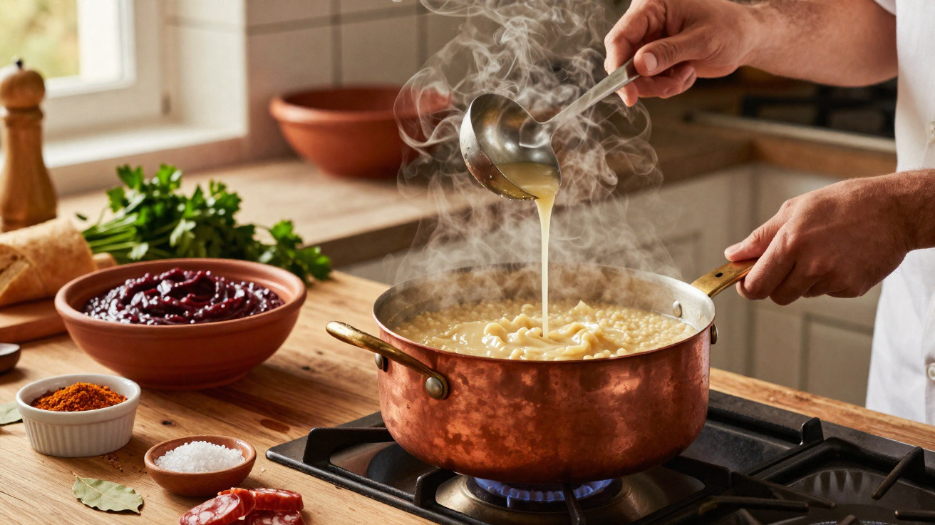 Cozinheiro a verter caldo numa panela de cobre com sopa quente num fogão de gás na cozinha.