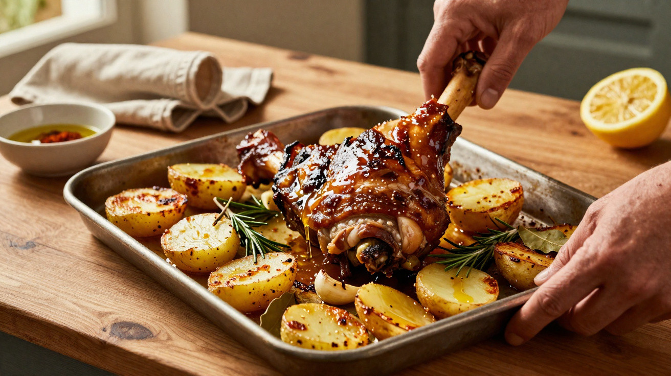 Pernil assado com molho e batatas aos quartos numa assadeira com raminhos de alecrim e limão cortado ao lado.