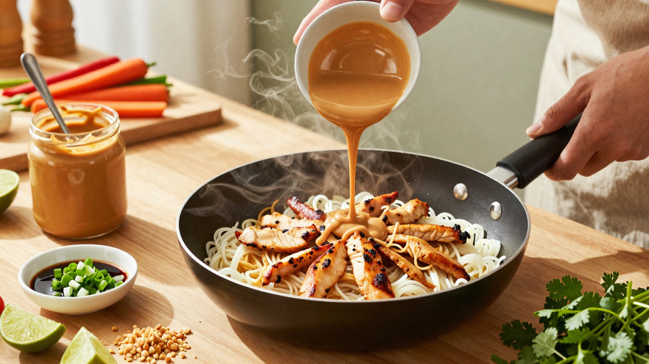 Molho de amendoim quente a ser derramado sobre noodles com tiras de frango grelhado numa frigideira.