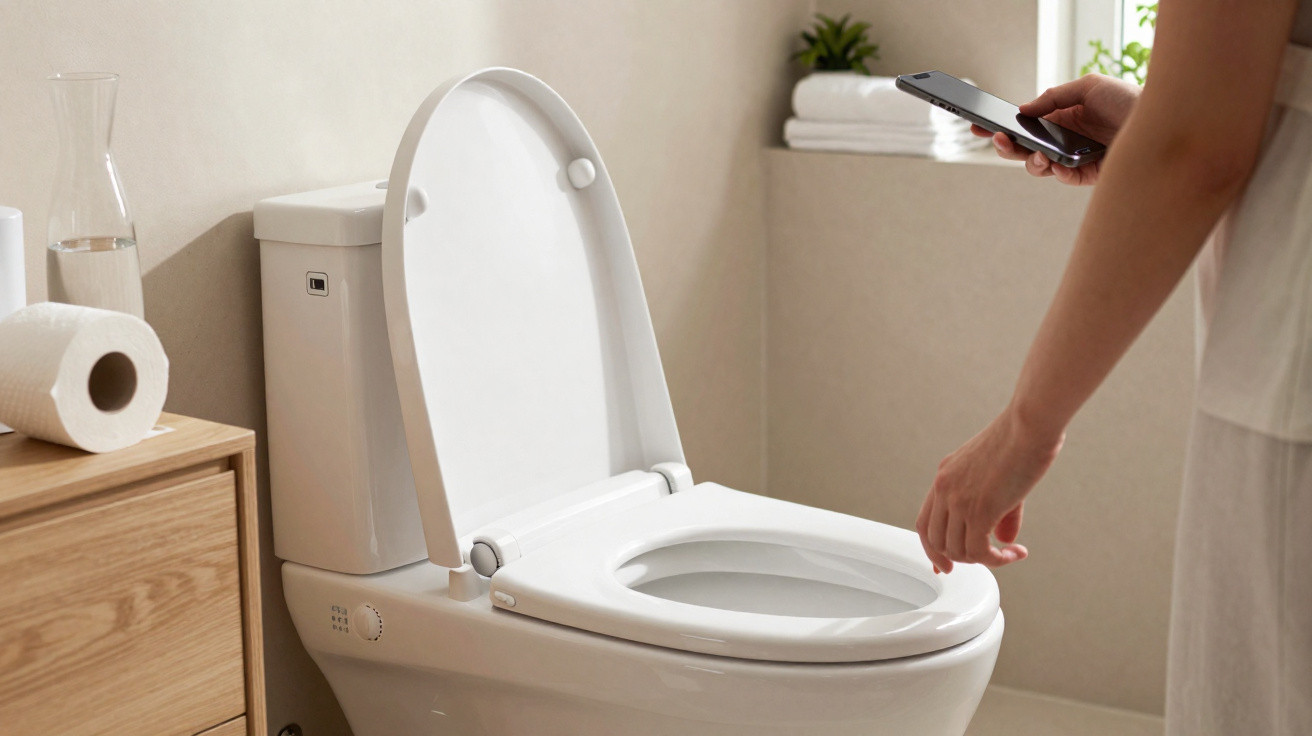 Pessoa pronta para usar sanitário branco com tampa aberta numa casa de banho luminosa e moderna
