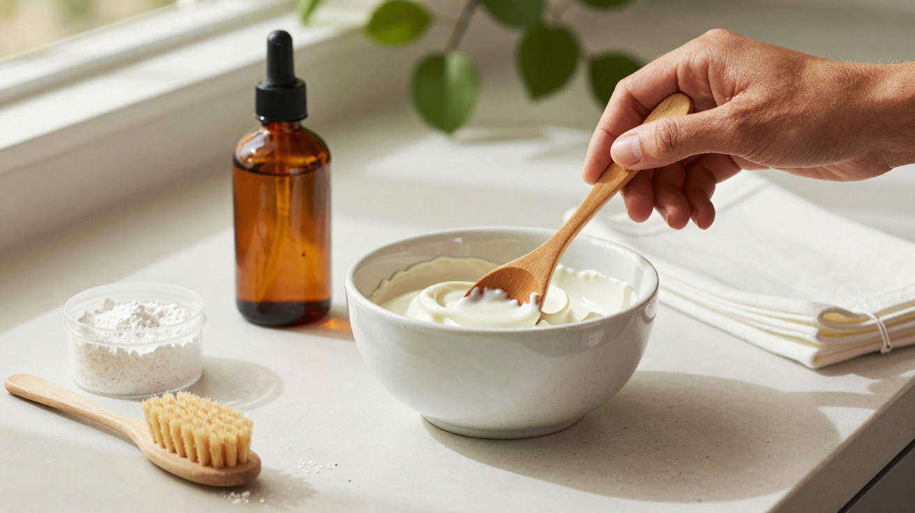Mão a mexer creme branco numa tigela com escova, pó branco e frasco âmbar numa bancada iluminada.