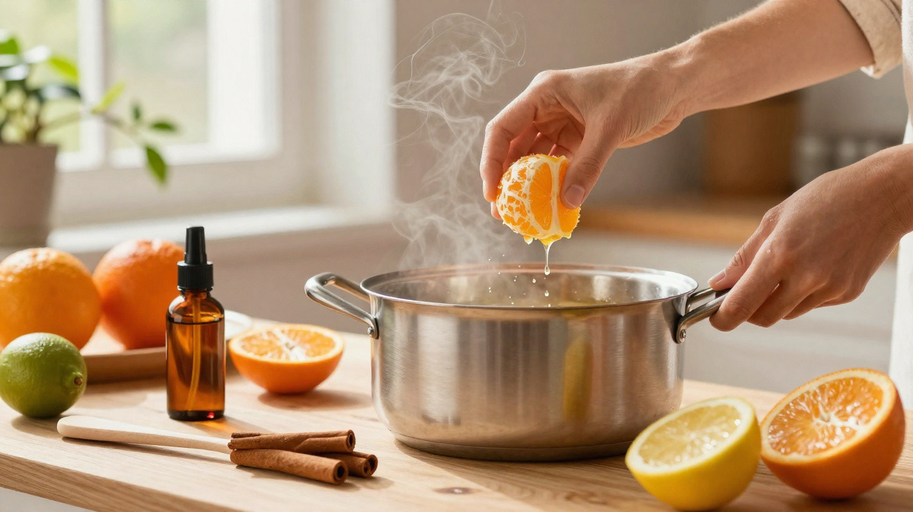 Mãos espremem sumo de laranja numa panela com vapor numa cozinha com limão, canela e frascos.