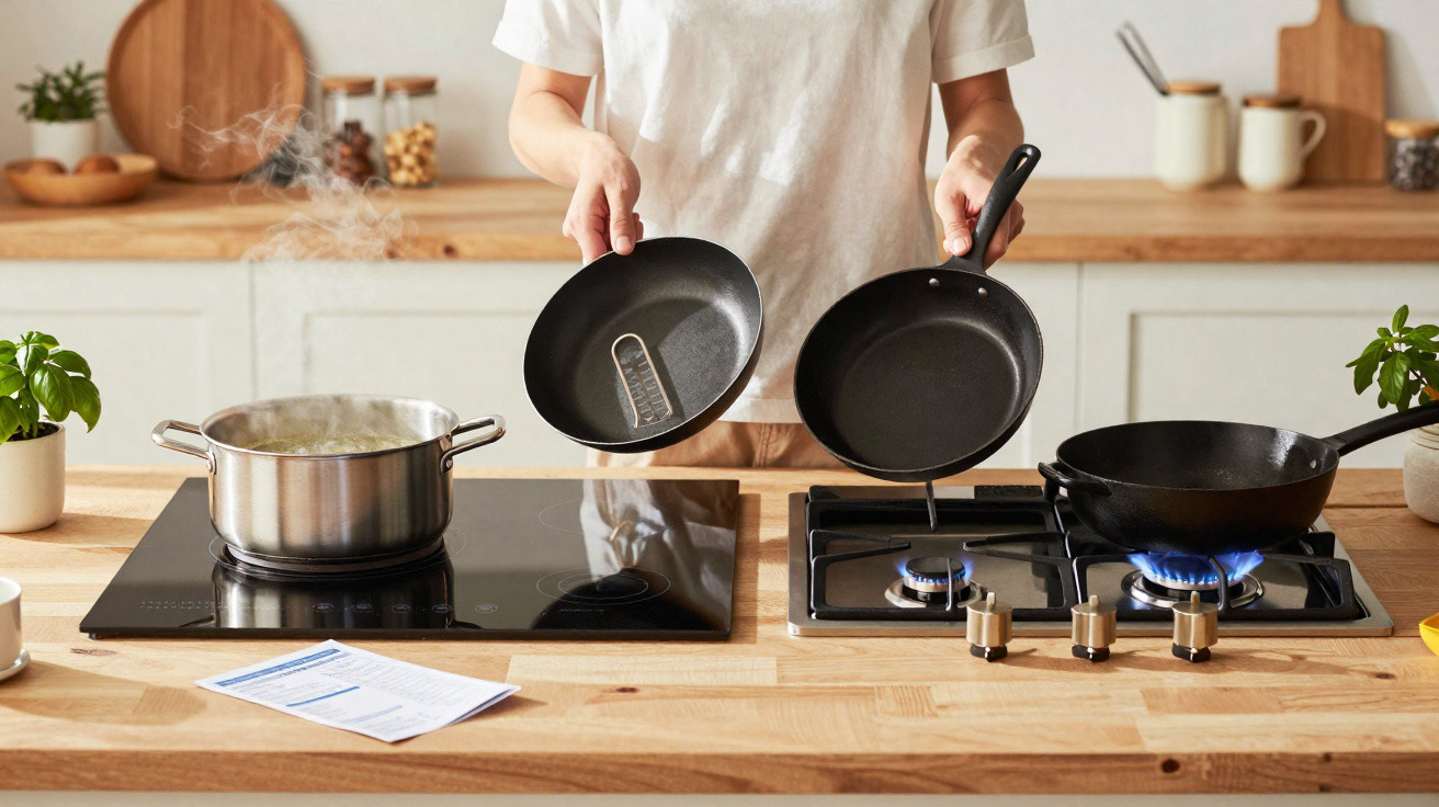 Pessoa a segurar duas frigideiras numa cozinha moderna com fogão a gás e placa elétrica a fumegar.