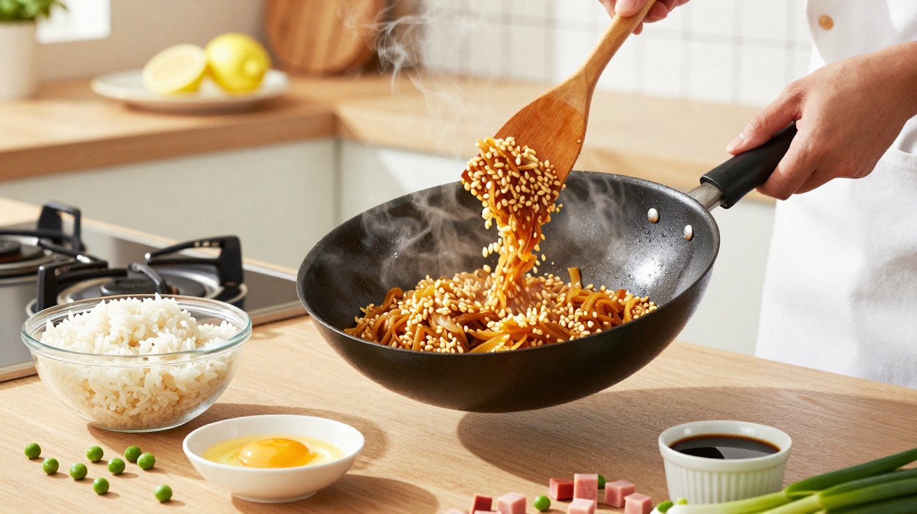 Pessoa a cozinhar noodles com sementes de sésamo num wok, com arroz, ovo e legumes frescos na bancada.