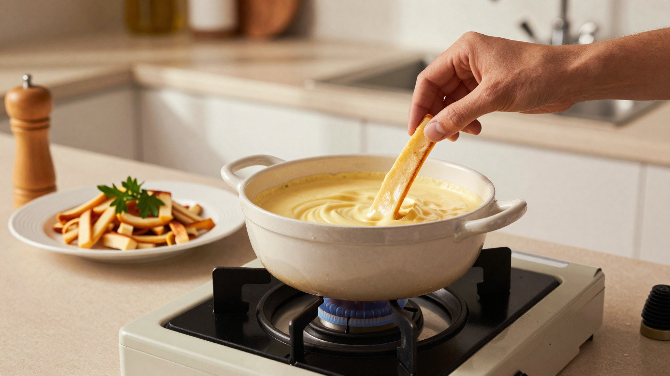 Panela com queijo derretido para fondue sobre fogão a gás, com mão a mergulhar pão no queijo.