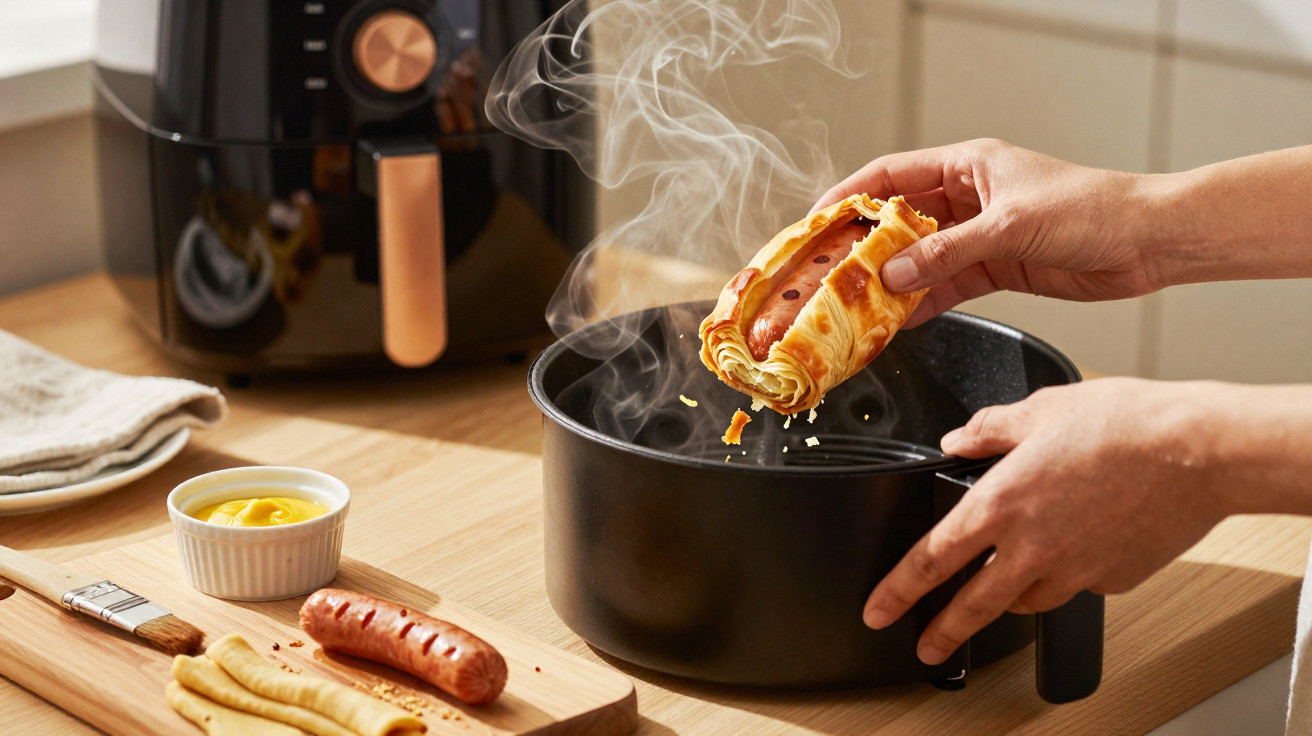 Mãos a colocar salsicha enrolada em massa folhada fumegante numa fritadeira de ar na cozinha.
