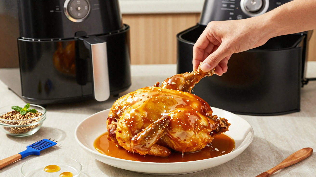 Galinha inteira com molho caramelizado num prato branco, com duas fritadeiras de ar ao fundo.