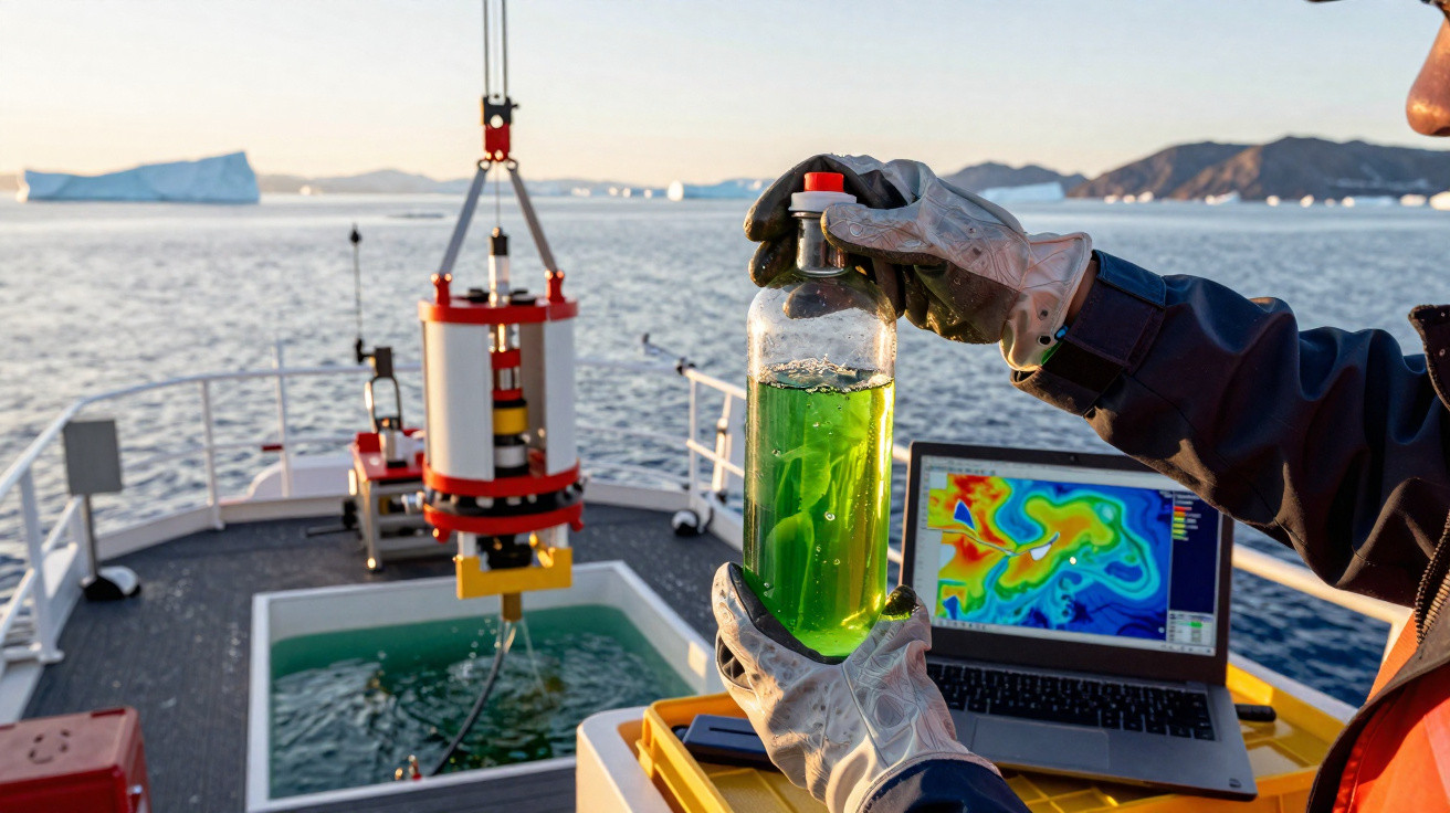 Investigador segura amostra verde de água do mar num barco com iceberg ao fundo e monitor ao lado.
