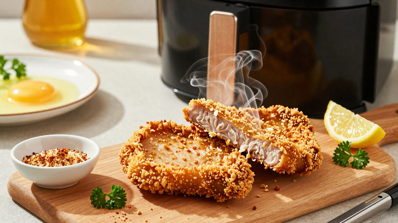 Duas costeletas empanadas fumegantes servidas com limão, salsa e tempero numa tábua de madeira.