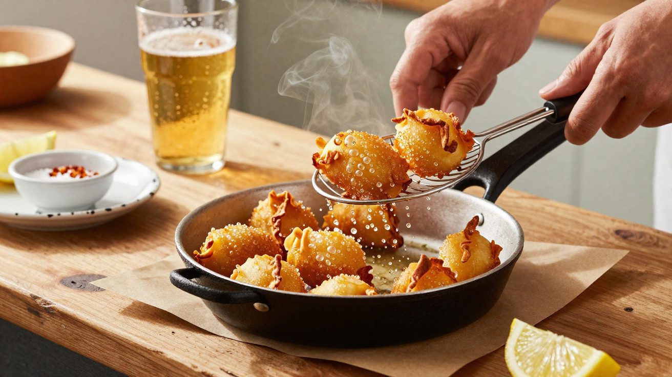 Mãos a retirar pastelaria frita fumegante numa frigideira, com copo de cerveja e fatia de limão na mesa de madeira.