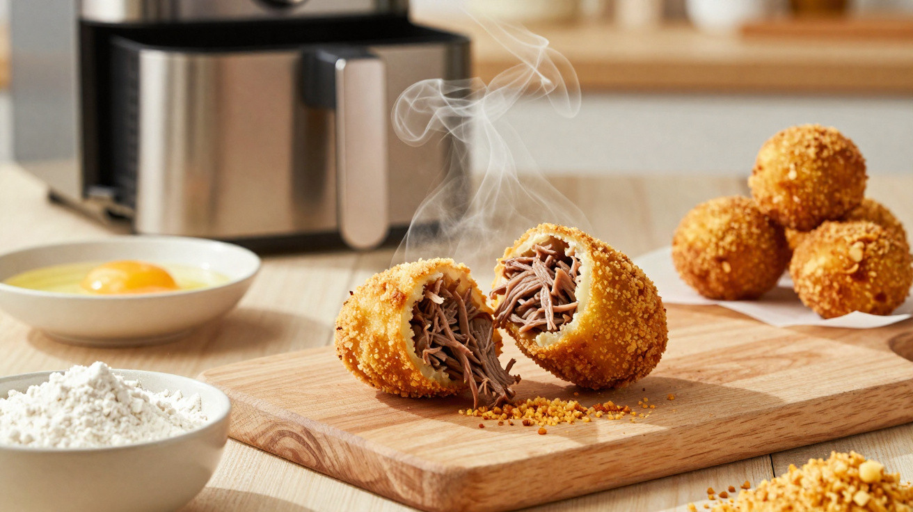 Croquetes dourados e fumegantes recheados com carne desfiada servidos numa tábua de madeira.