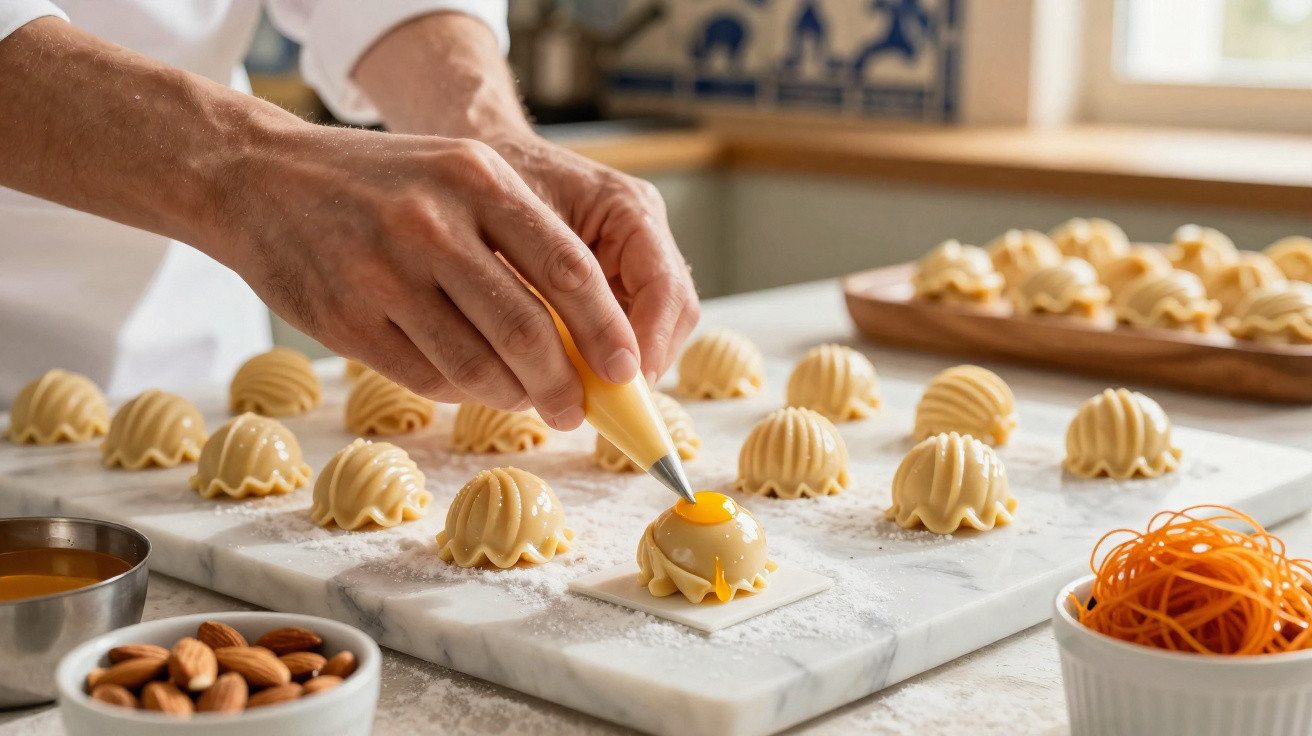 Chef a decorar pequenos doces com creme amarelo numa bancada de mármore na cozinha.