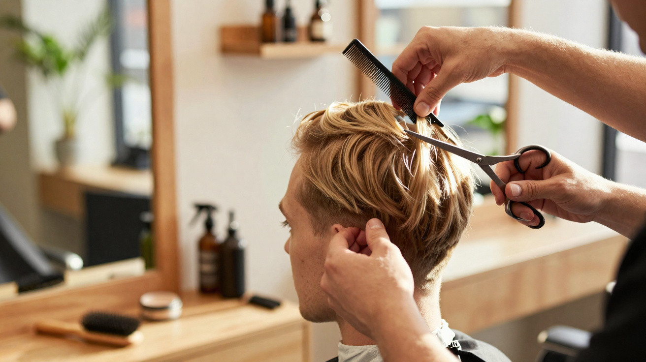 Pessoa loira a cortar cabelo num cabeleireiro moderno com tesoura e pente.