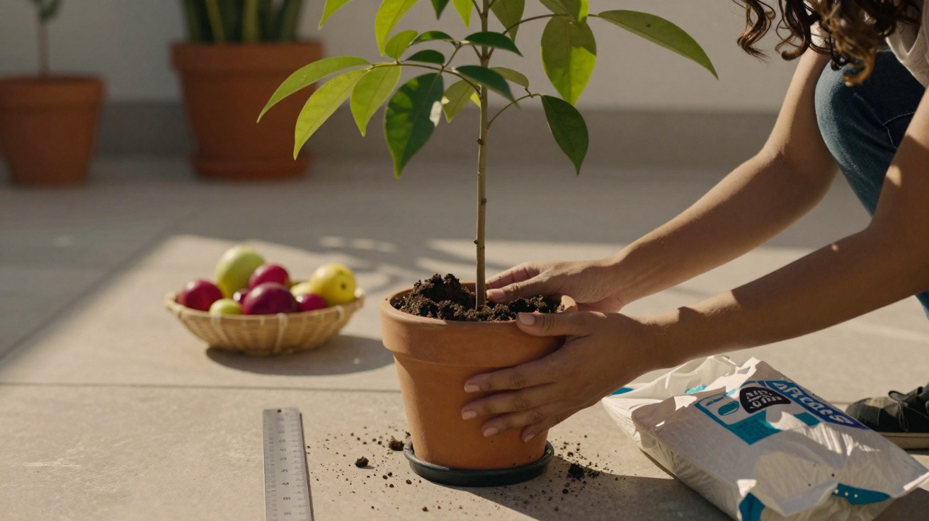Pessoa a plantar uma pequena árvore em vaso de barro sobre chão com terra espalhada.