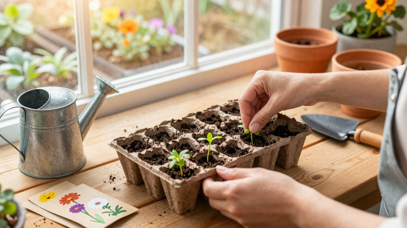 Mãos a plantar pequenas sementes em tabuleiro com terra, junto a janela com regador e vasos.
